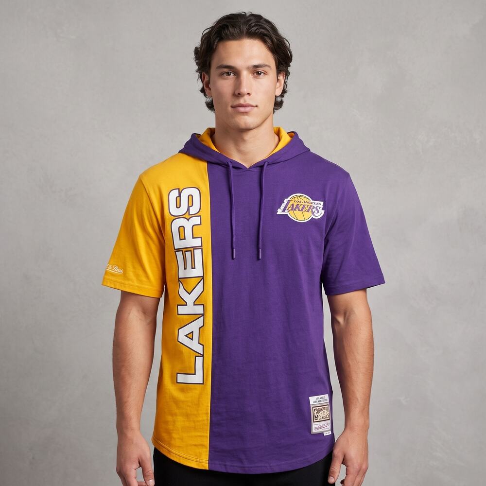 Mitchell & Ness Mens LA Lakers Short Sleeve Hoodie Split Purple Gold NWT M
